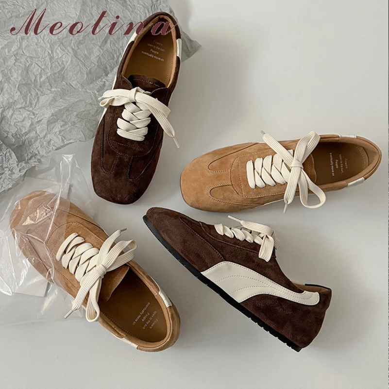 

Meotina Women Genuine Leather Sneakers Round Toe Flats Lace-up Mixed Colors Kid Suede Ladies Fashion Shoes Spring Autumn Coffee