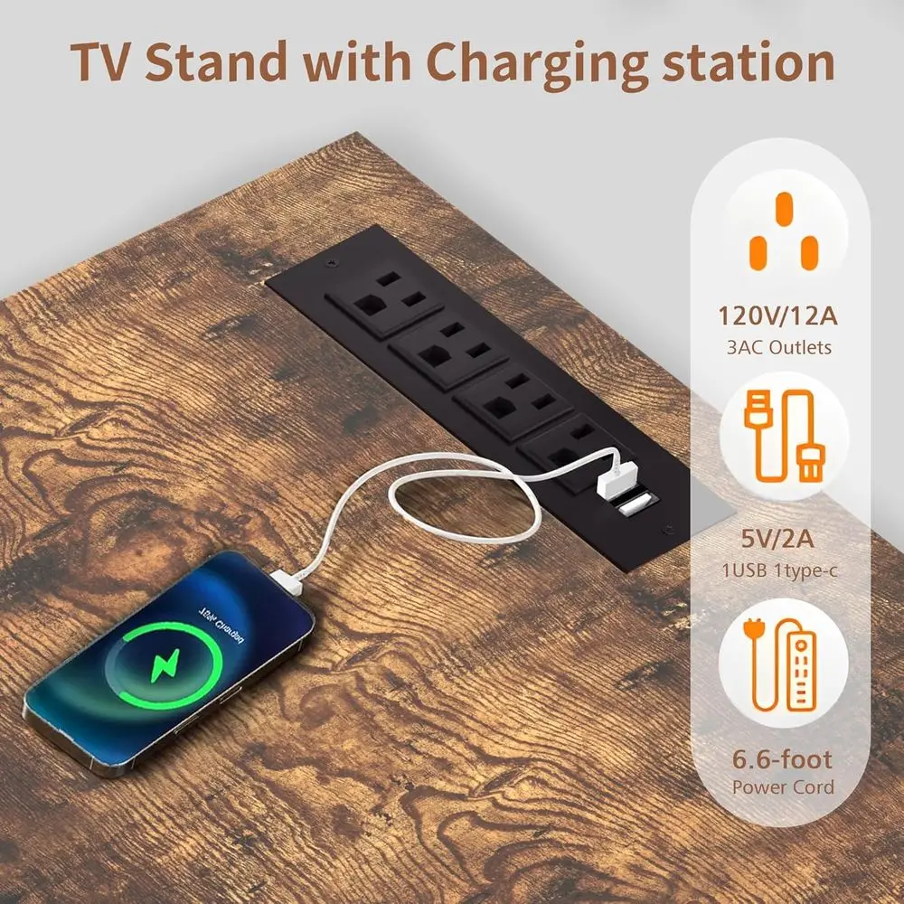 حامل تلفزيون LED مقاس 70 بوصة، مركز ترفيه مع منافذ طاقة، خزانة تلفزيون صناعية مع 7 أرفف تخزين مفتوحة، fo #4