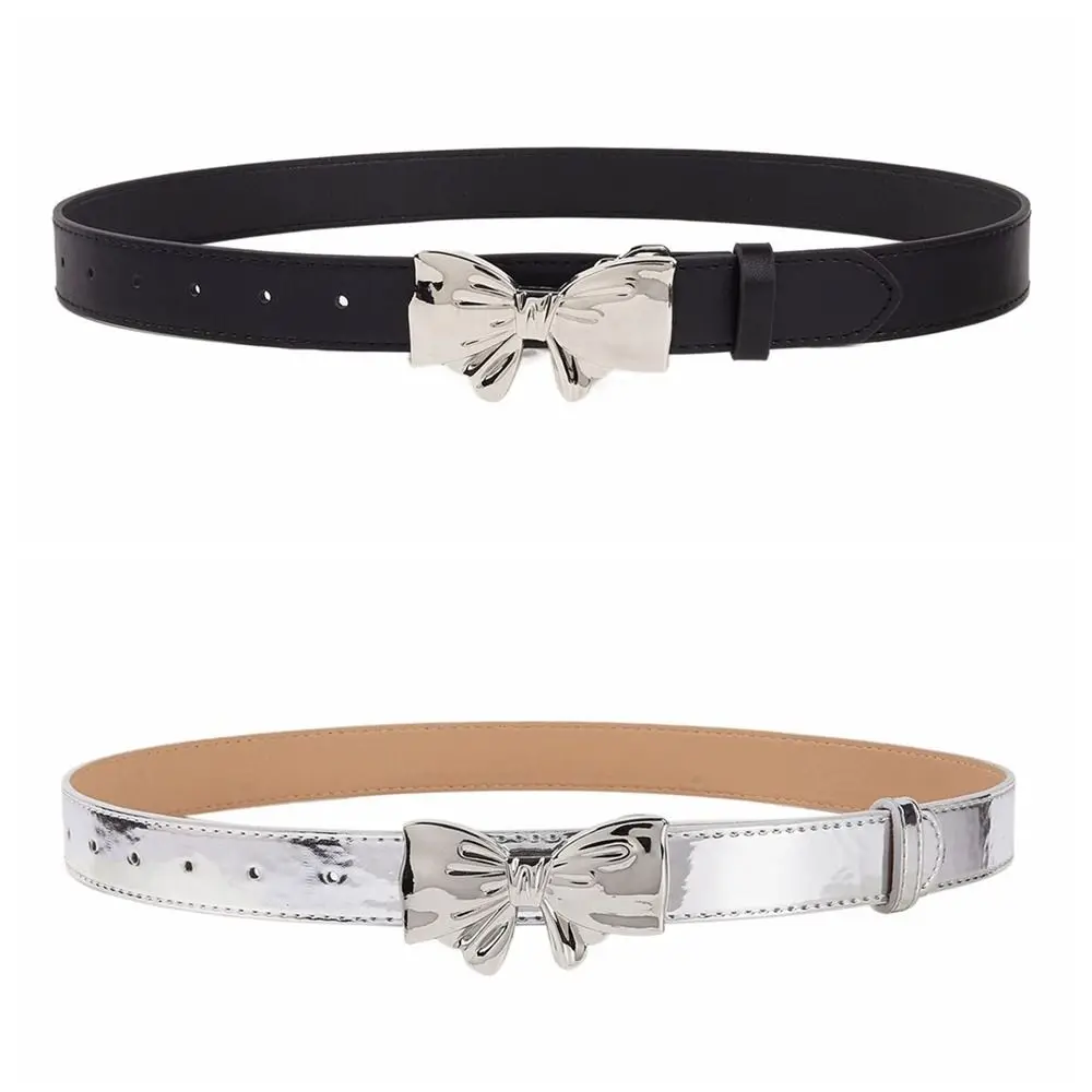 Retro Bowknot Buckle Bow Belt Y2k Silver Leather Waistband Waist Belt Trouser Decoration Dress Decoration