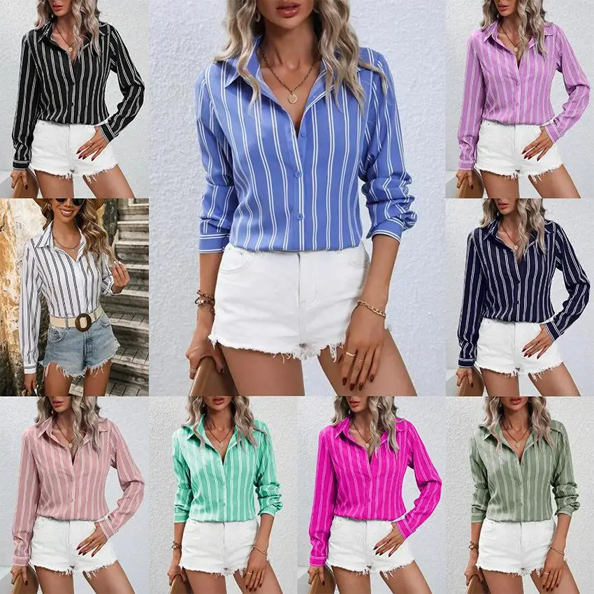 

Women's Striped Long Sleeve Shirt Commute Style Fashionable Casual Patterned Clothing Easy Care Fabric Durable Quality