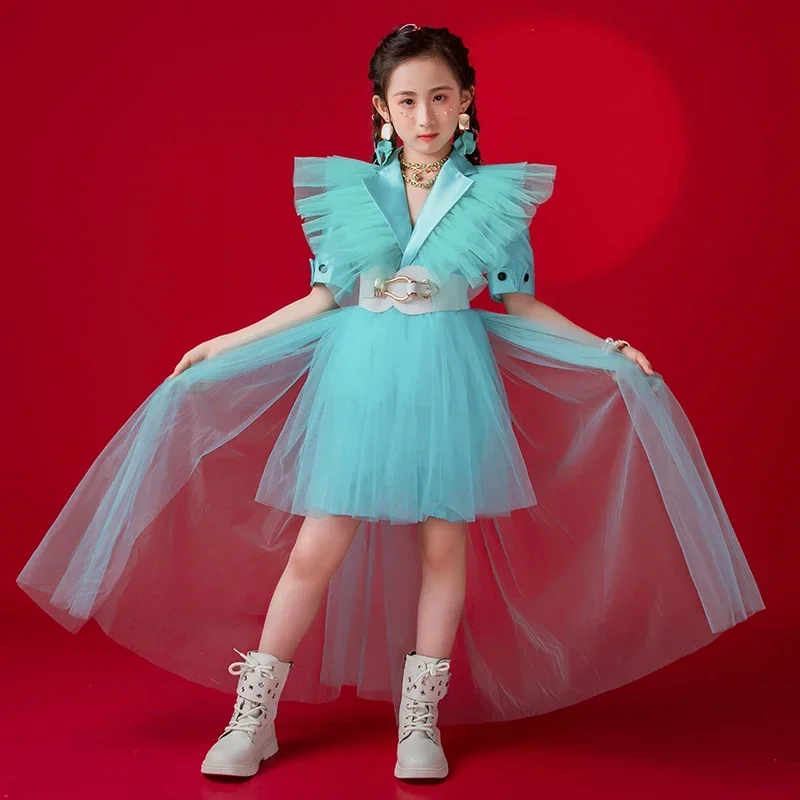 Children'S Catwalk Kpop Outfits Girls Mint Green Flying Mesh Shoulder Coat Shorts Kids Hip Hop Jazz Dance Costumes XS4613