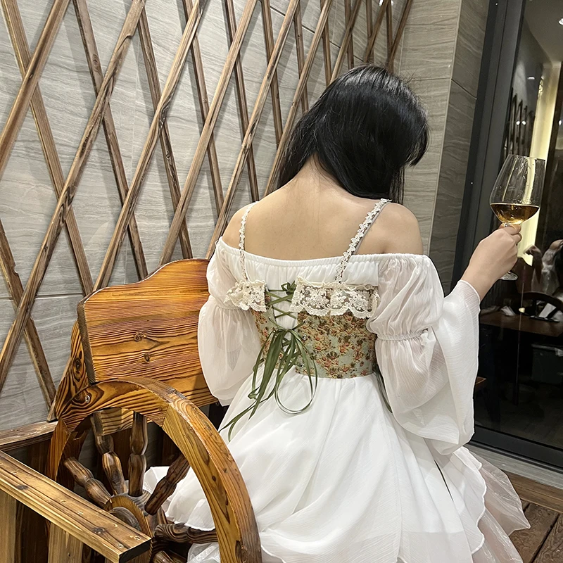 

Floral Print Corset Tops Female Sleeveless Bandage Short Strap Vest for Women Vintage Korean Lace Up Shapewear Lingerie