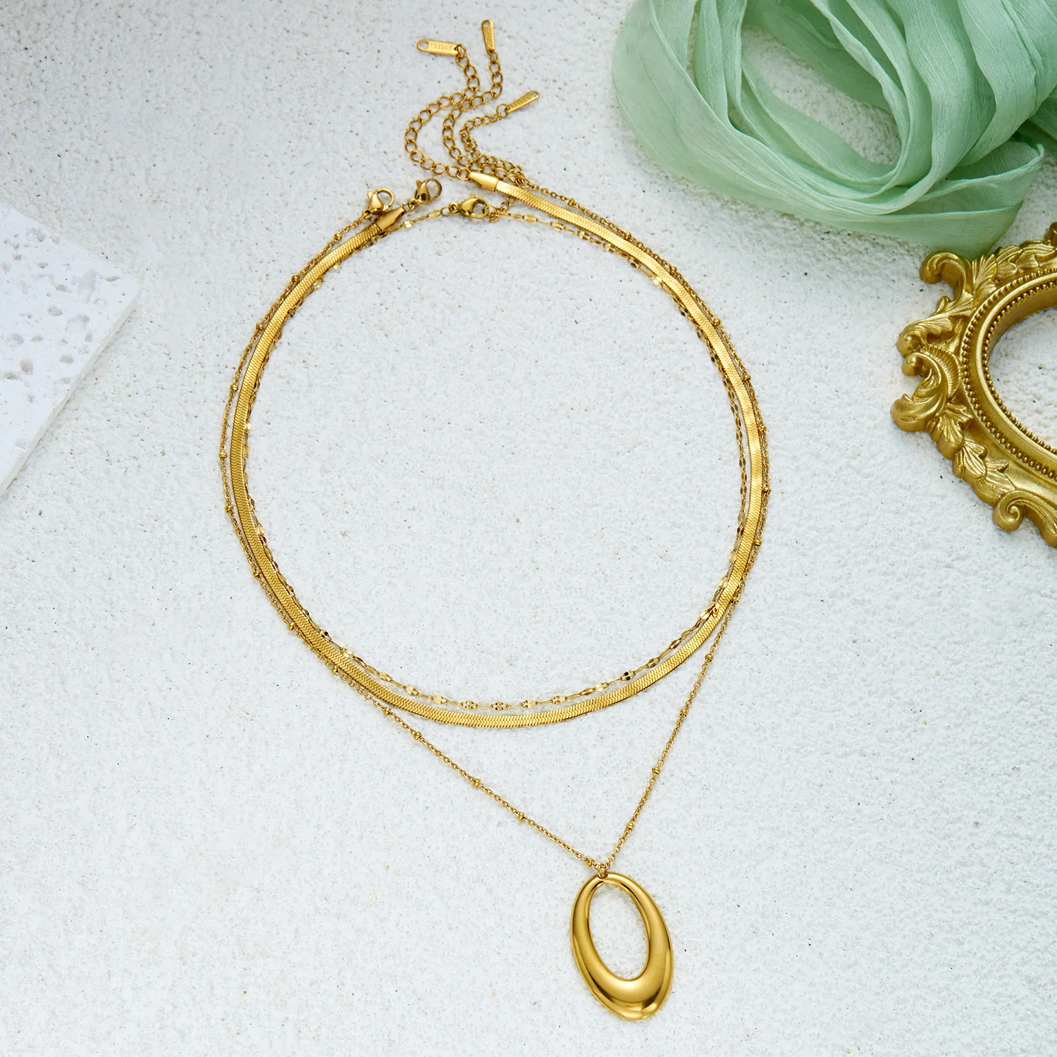 Geometrisches Edelstahl-Halsketten-Set für Damen, zierlicher ovaler Anhänger, Schlangenkette, Partyschmuck, Geschenk, wasserdicht – Detail 6