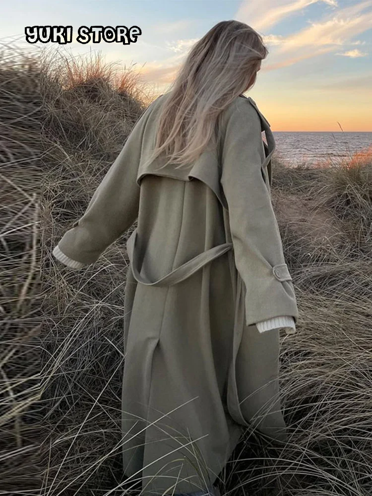 

Street Double Breasted Belt Overcoat Women Loose Solid Lapel Full Sleeve Pocket Long Jacket 2025 Autumn Winter Lady Trench Coat