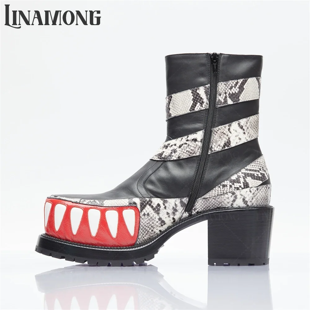 Snakeskin Effect Leather Booties Graphic Print Block Heel Ankle Boots Designer Fashionable Style Zip-Up Boots Punk Leather Boots