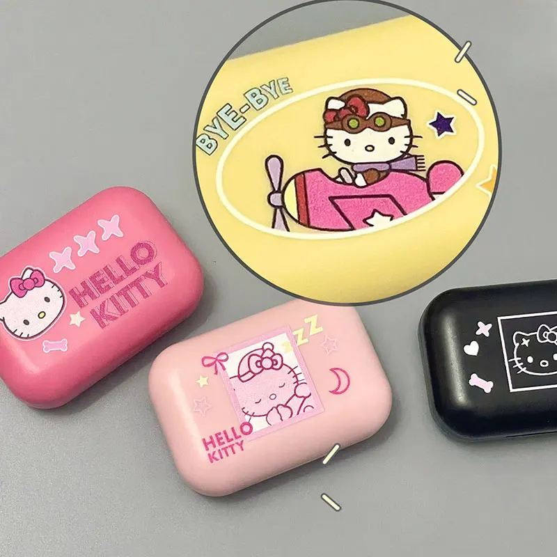 Scatola per lenti Kawaii Hello Kitty scatola per lenti per cartoni animati Color caramella Anime Sanrio con Set di pinzette per custodia per lenti a