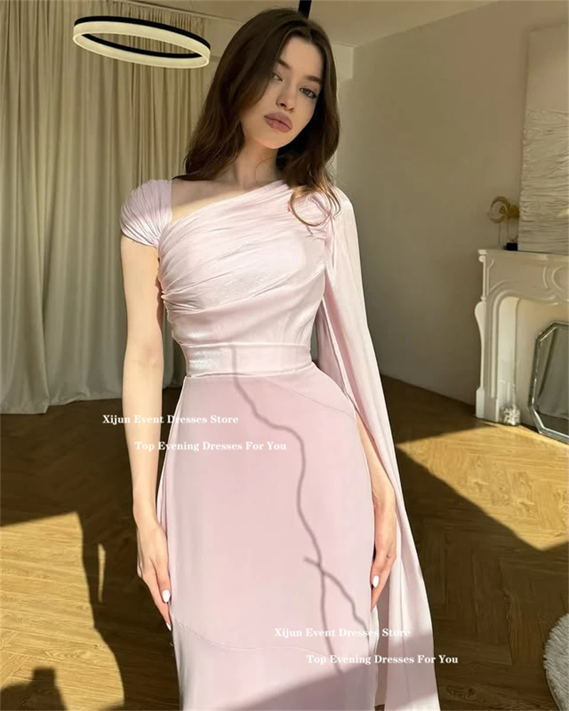 Xijun Blush Pink Mermaid Evening Dresses Silk Satin One Sleeves Saudi Arabric Prom Dresses Formal Occasion Prom Gowns Customized