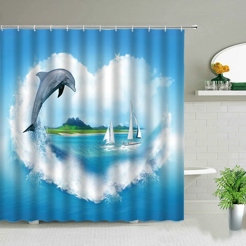 Starfish Conch Poster Waterproof Bathroom Shower Curtains Sunlight Beach Scenery Polyester Cloth Hanging Curtain Bathroom Decor