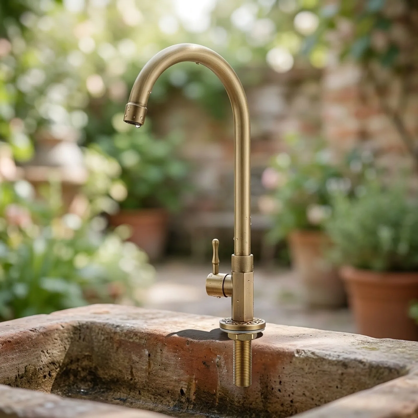 Single Handle Antique Copper Cold Water Tap with Vertical Mount Design and Fully Rotating Spout for Outdoor Basins
