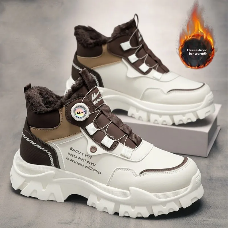 Warm Fleece Lined High Top  Boots Men's Winter Outdoor Anti-Slip Cotton Snow Boots Casual round Toe Thick Bottom
