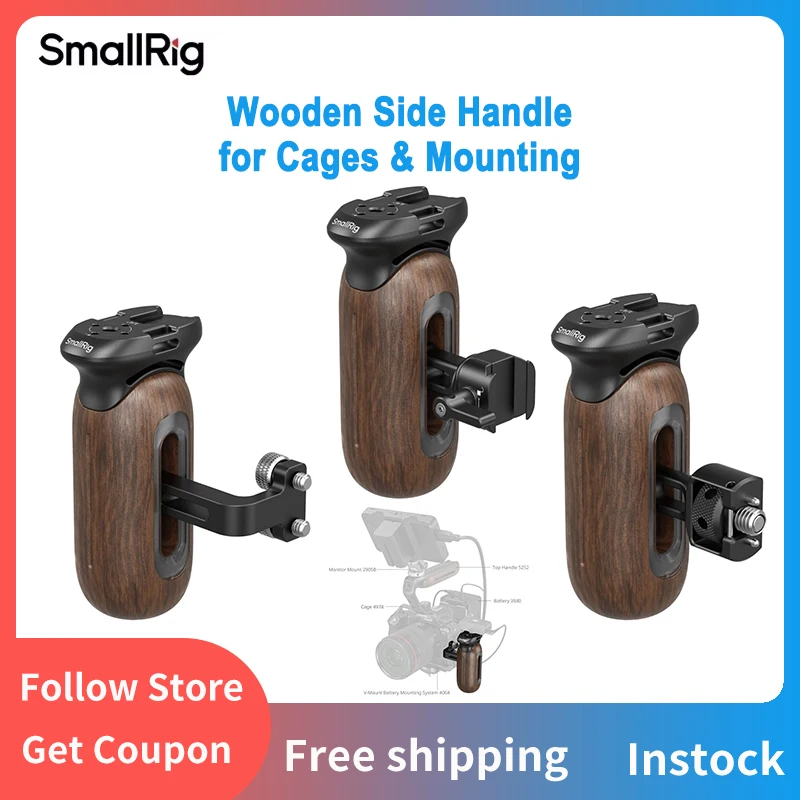 

SmallRig Wooden Side Handle with 1/4"-20 Screws/ Two-in-One Locating Screw/ NATO Clamp for Cages or Mounting Plates 5237/5238