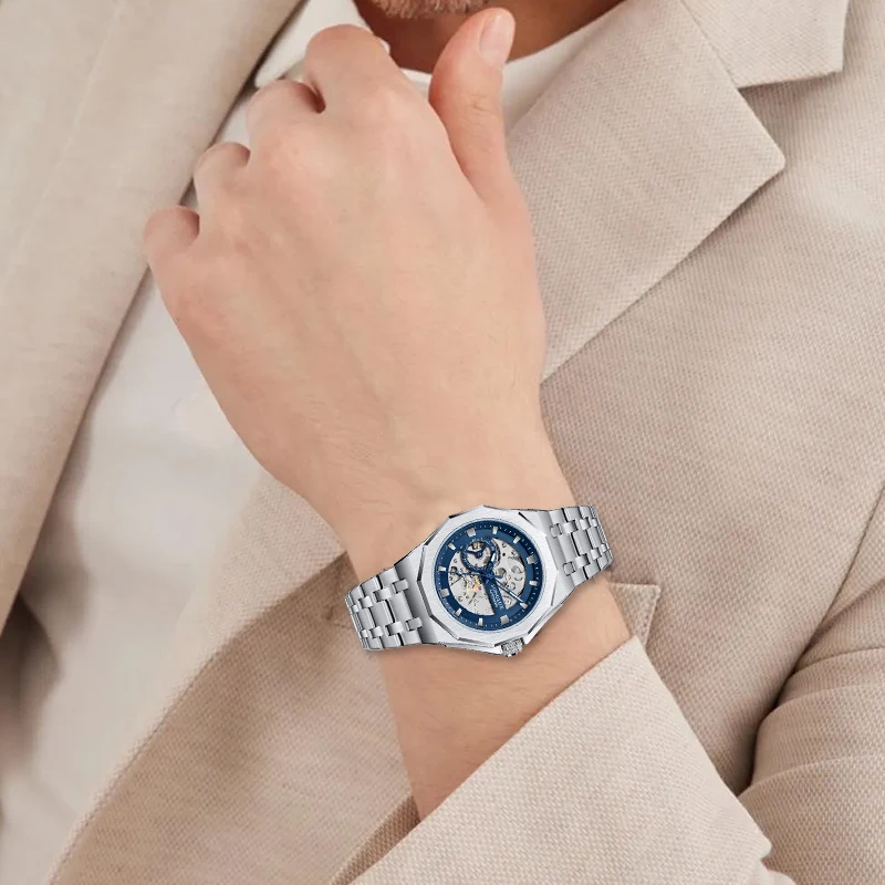 Reloj Automático LONGLUX para hombre, relojes mecánicos de lujo, esqueleto resistente al agua, moda de negocios, venta al por mayor, reloj de regalo de acero inoxidable