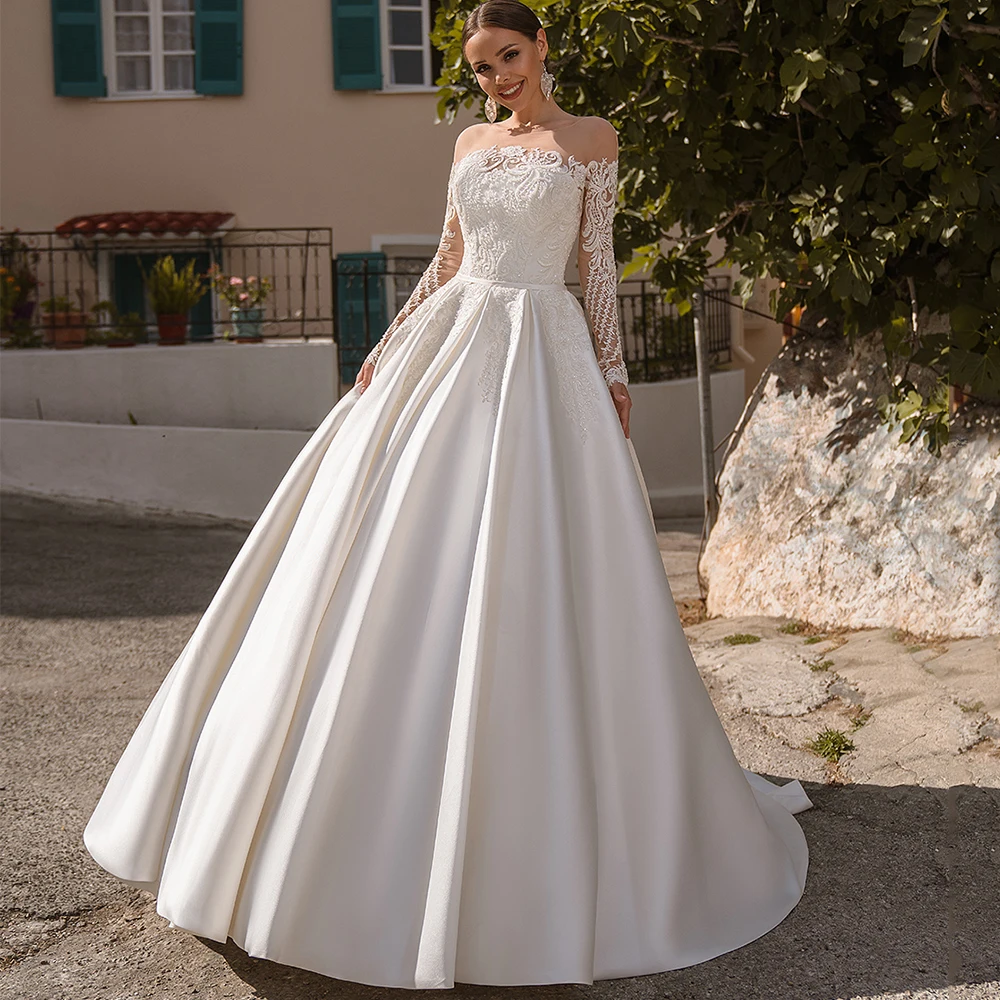 

Exquisite Scoop Long Sleeve Applique Wedding Dress with Belt Luxury Bridal A-Line Floor Length Sweep Train Church Custom Gown