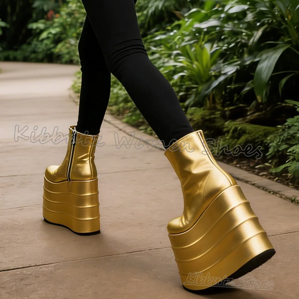 

Super High Ankle Boots Novelty Platform Height Increasing Solid Color Leather Side Zipper Women Shoes Round Toe Fashion Luxury
