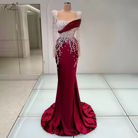 Floria Elegant Party Dress Pearl Lace Patchwork Velvet Long Dress with Train and Slim Fit Formal Evening Dress