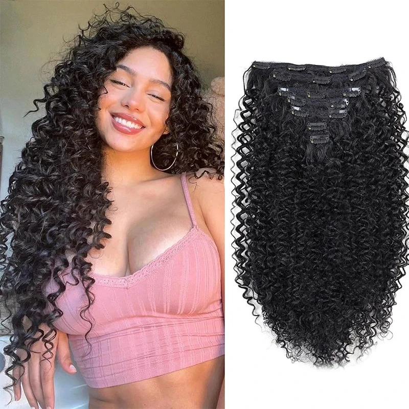 20 inch Clip In Hair Extensions 7Pcs Synthetic hair Black Jerry Curly Invisible Blends Well Hairpieces for Women Full Head