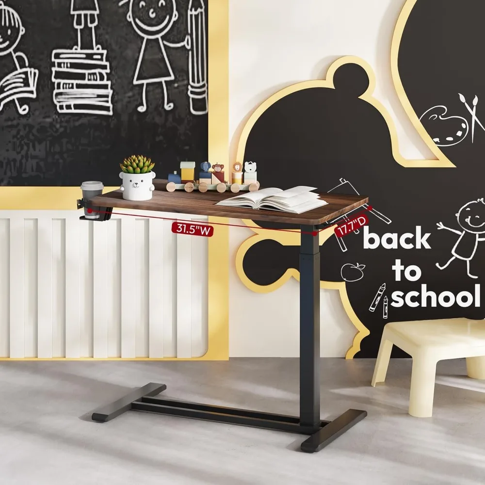 Medical Adjustable Overbed Bedside Table with Hidden Casters, Pneumatic Mobile Laptop Computer Standing Desk Cart with Tray, Ho