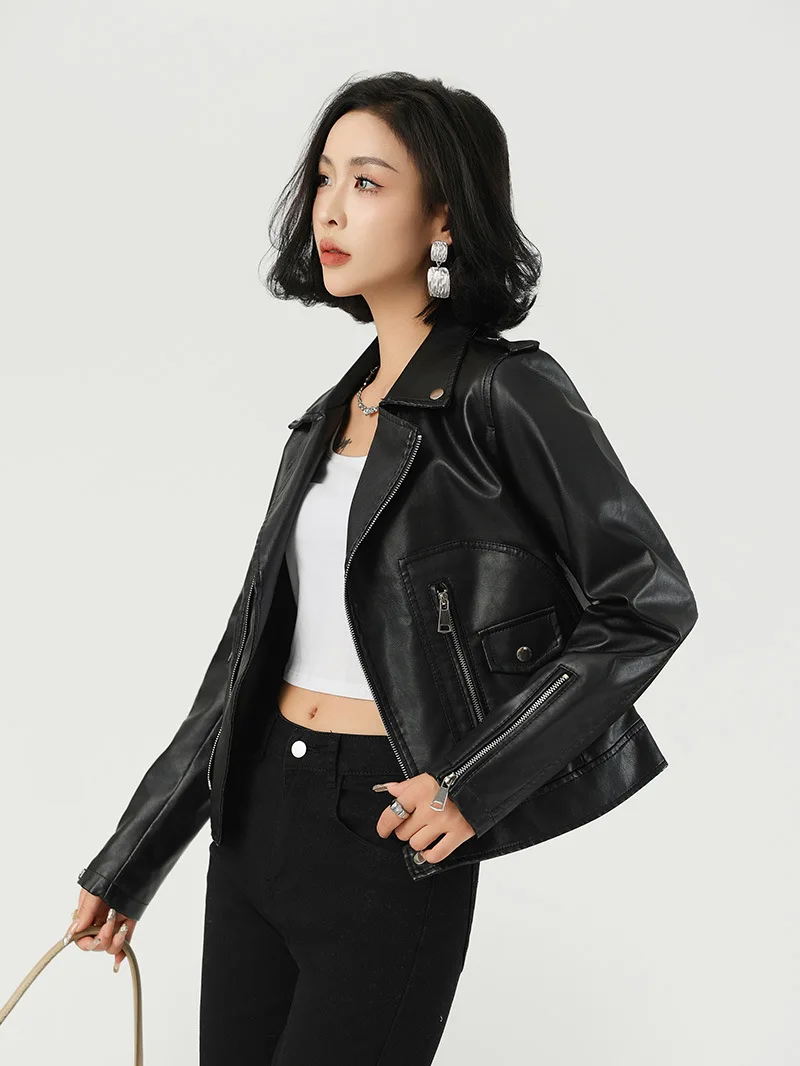 Chaqueta negra de cuero PU para mujer, abrigo ajustado de manga larga con cremallera para motocicleta, prendas de vestir exteriores de piel sintética para primavera y otoño