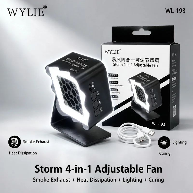 Storm 4 in 1 Rechargeable Adjustable Fan Smoke Exhaust Heat Dissipation UV Curing Light for Phone PCB Repair Tools WYLIE WL193