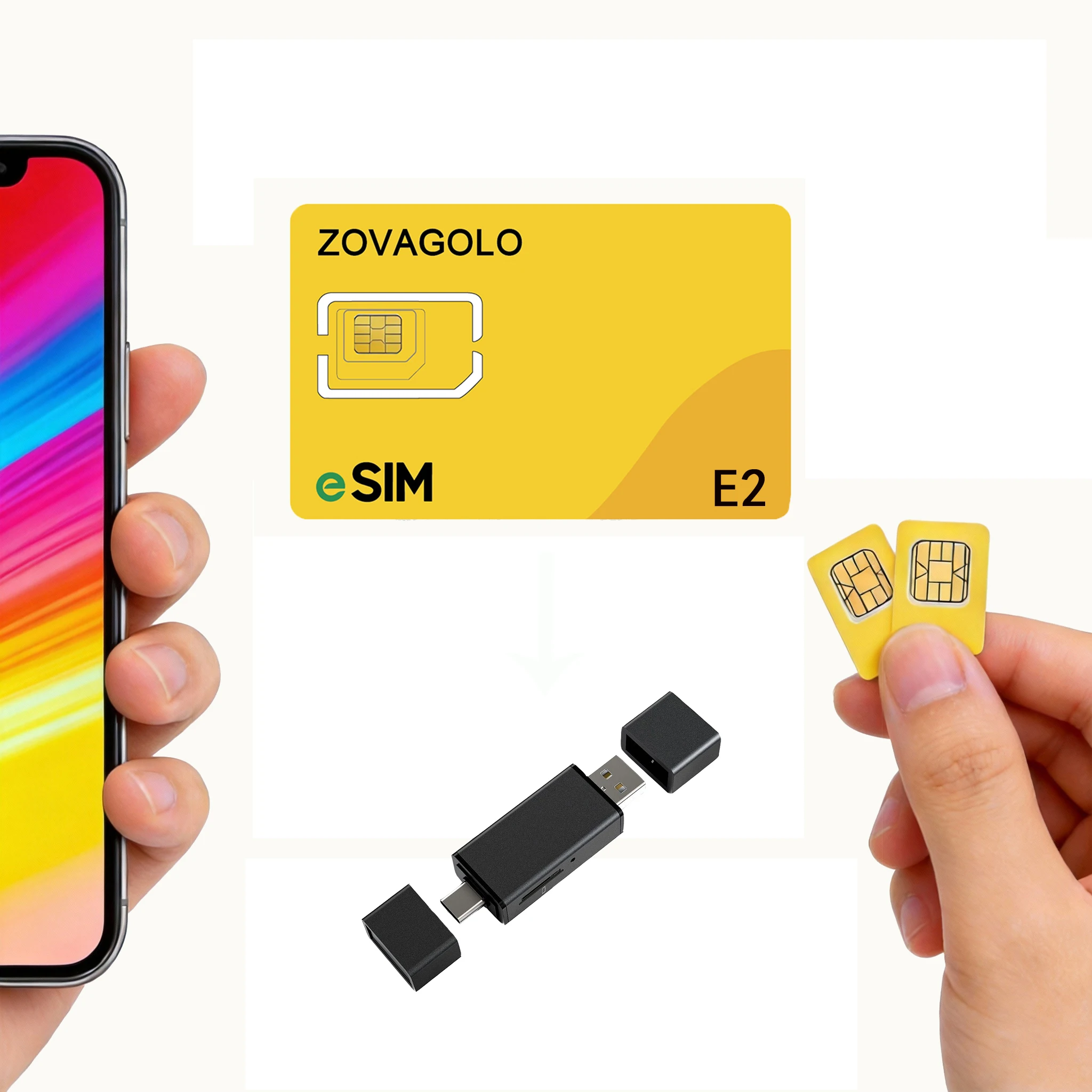 Физическая карта E2 ESIM, 30-50 профилей ESIM, обновленный считыватель EUICC с разъемом Type-C, программируемый инструмент STK по стандарту GSMA, ZOVAGOLO
