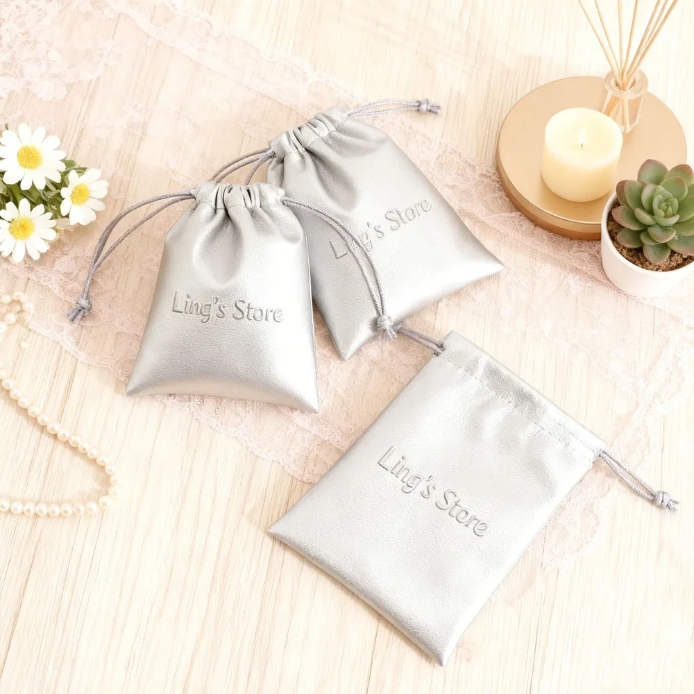 

100pcs Custom Logo Silver PU Leather Jewelry Drawstring Bags Wedding Favors Makeup Jewellery Ring Earring Bracelet Gift Pouch