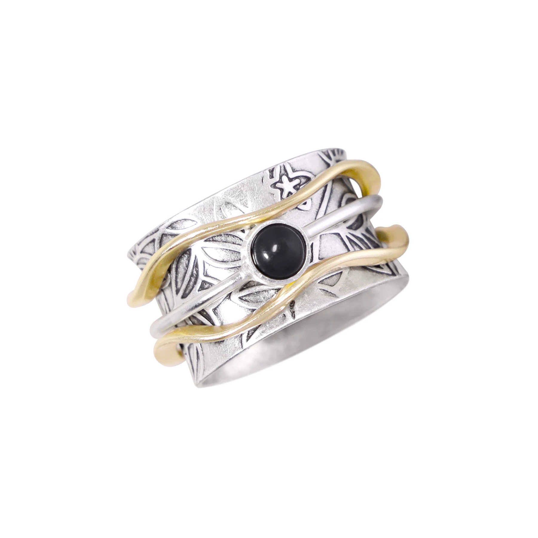 

Handmade Black Onyx Floral Pattern Spinner Ring Fashion Spinner Ring for Women