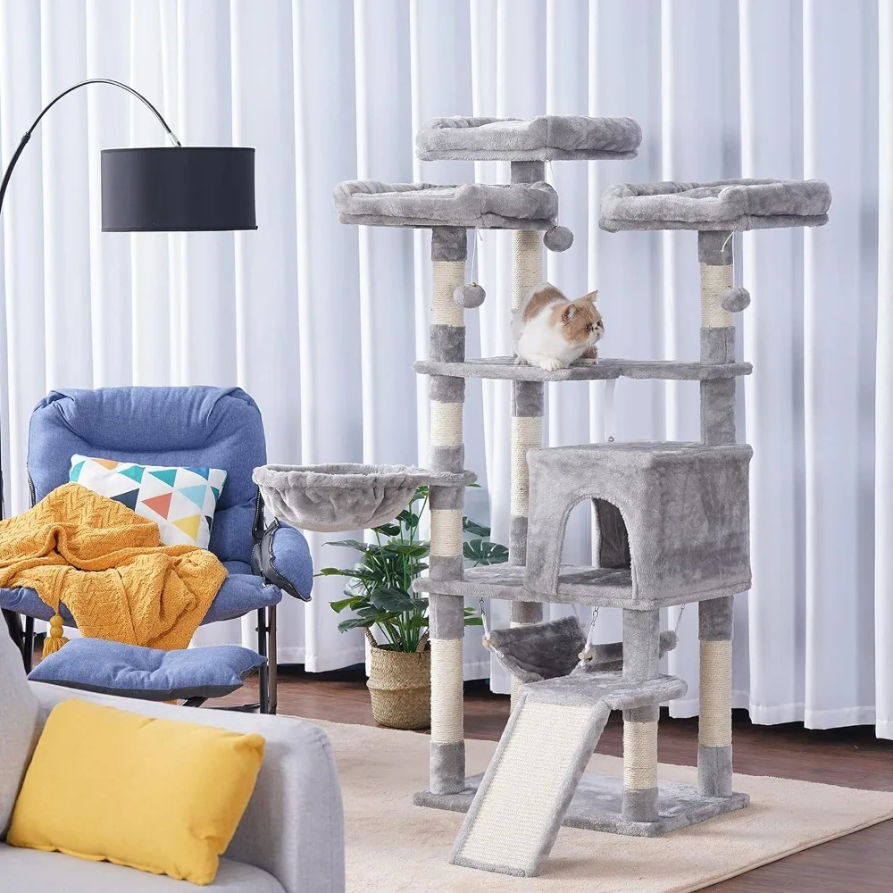 Multi-Level Cat Tree, Large Cat Tower with Bigger Hammock, 3 Cozy Perches, Scratching Posts, Stable for Kitten/Gig Cat Light