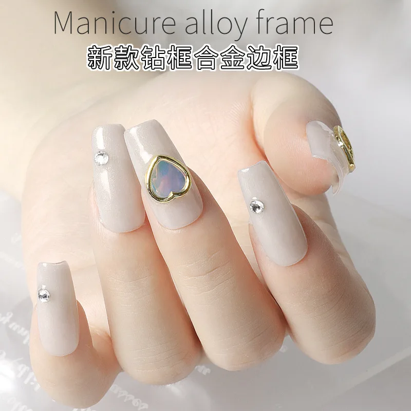 10pcs/Bag Gold Sliver Color Nail Art Alloy Frame Series Love Heart Crystal Diamond Water Droplet Round Rectangular Shape Decor