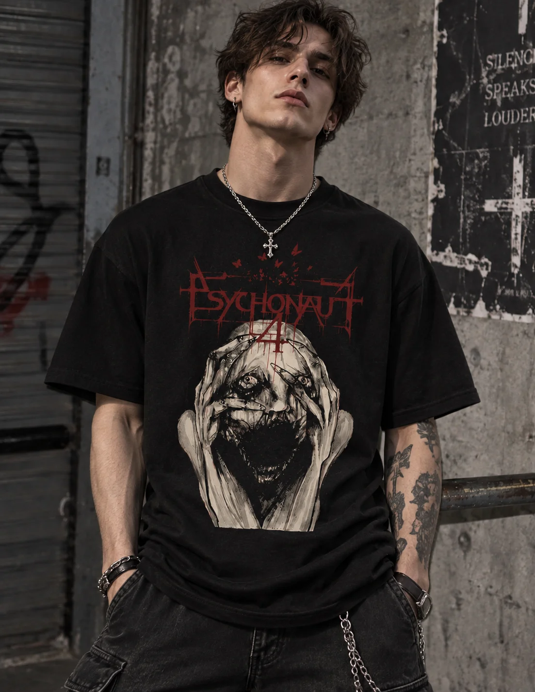 Y2K Gothic Dark Metal Graphic T‑Shirt, Vintage Bloody Letter Screaming Figure Butterfly Print Unisex Short Sleeve Streetwear Top
