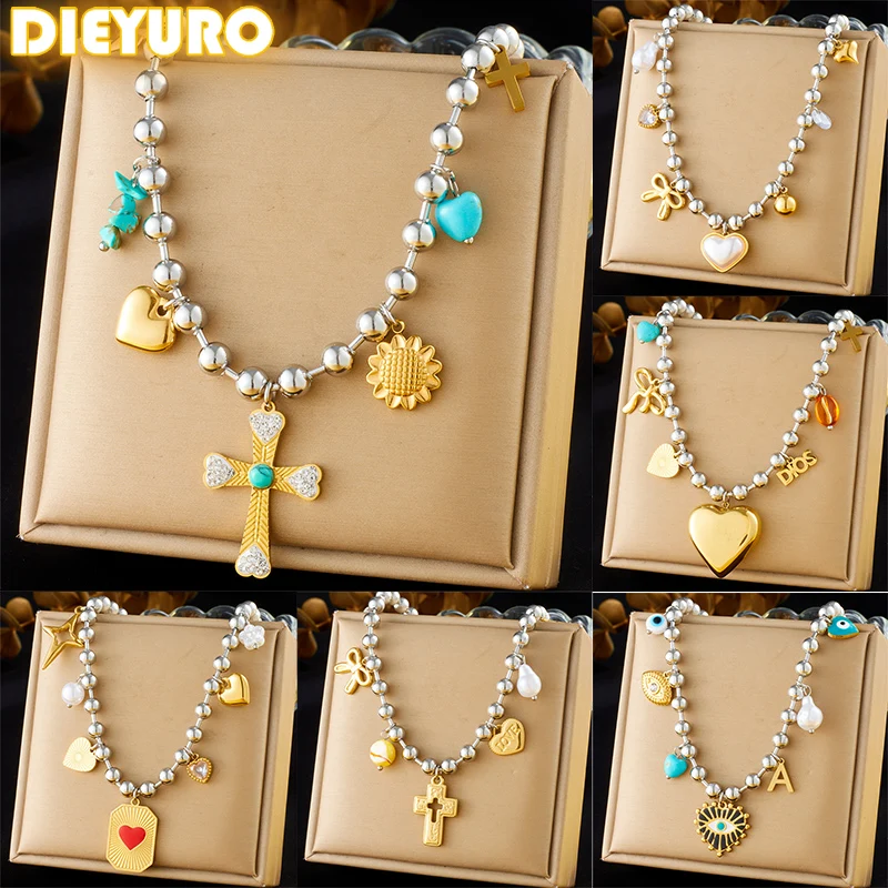 DIEYURO 316L Stainless Steel Cross Love Heart Steel Ball Necklace For Womens Girl New Fashion Trend Neck Chain Jewelry Gift