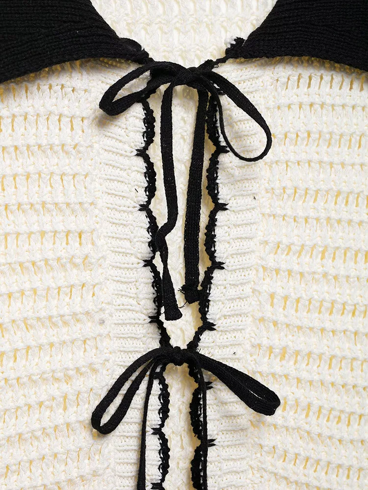 Siyang moda feminina bege arco rendas até camisola de malha vintage lapela pescoço mangas curtas feminino chique senhora outfits