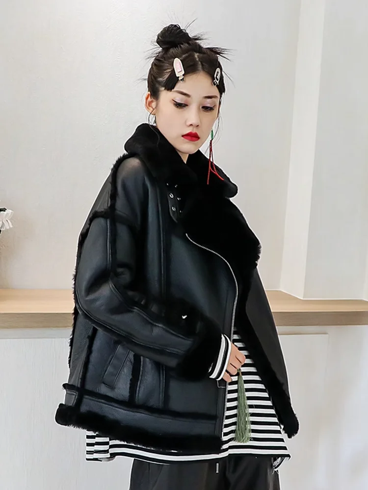 Boyfriend Style Women Loose Fit Motorcycle Genuine Leather Real Fur Jacket Casual Coat Winter Thick Warm Wool Lining Overcoat