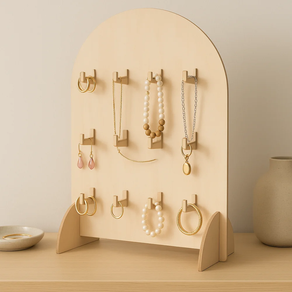 

Wooden Earring Display Rack Detachable 3 Layers Necklace Display Stand Arch Hook Style Bracelet Organizer Rack Trade Show