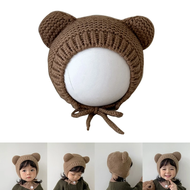 Fashionable Baby Boys Girl Bear Earflap Beanie Soft Knitted Hat with Chin Strap