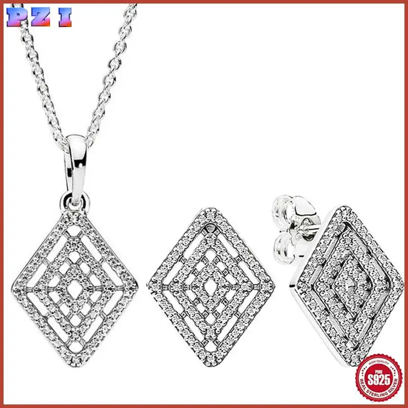 

Authentic 925 Sterling Silver Elegence Geometric Lines Earring Necklace With Crystal For Women Jewelry Set Gift