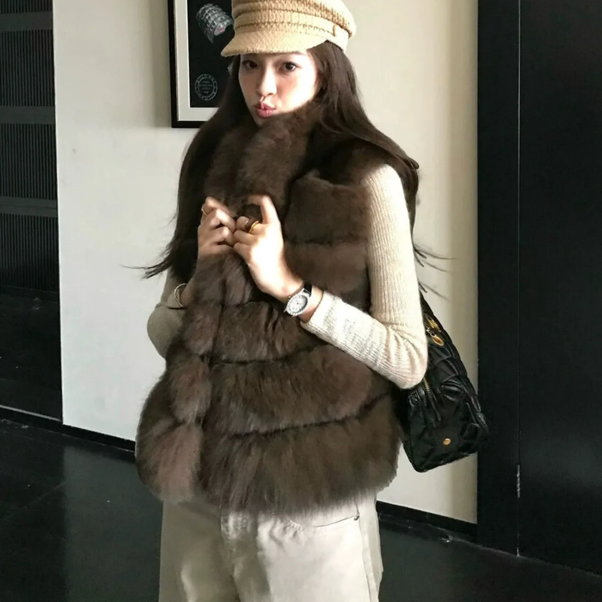 Kamizelka zimowa damska Bjtz ze sztucznego futra, bez rękawów, średniej długości, wysokiej jakości, ciepła, wygodna, elegancka, minimalistyczna, jesienno-zimowa, codzienna.