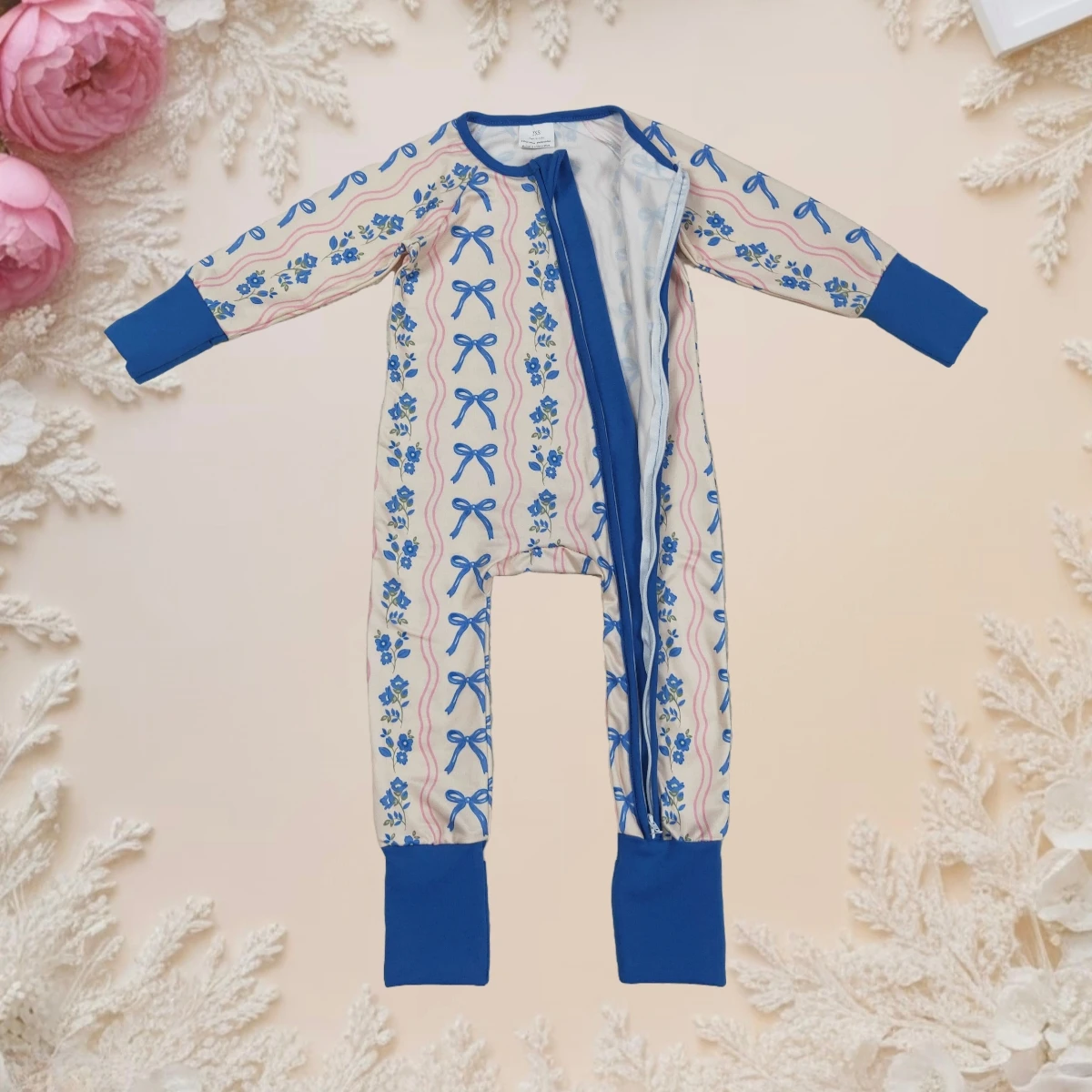 

Girls Newborn Bodysuit Toddler Baby Infant Long Sleeves Footie Zipper Sleepers Rompers with Blue Bows Flowers Children Clothing