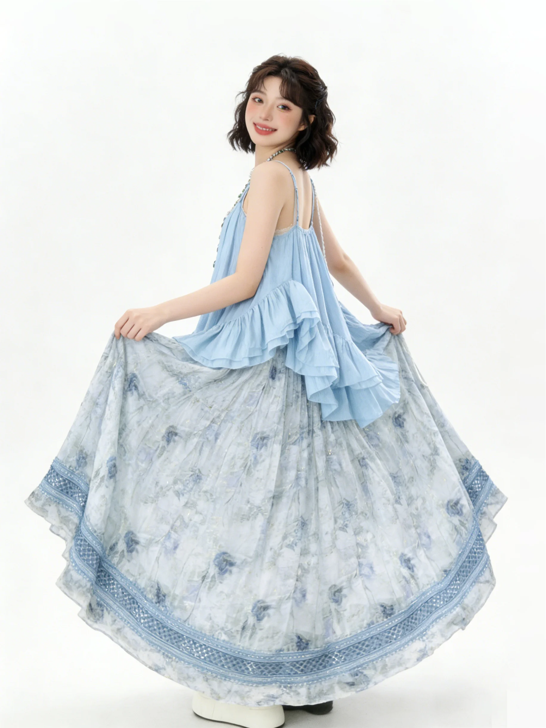 Stunning Summer Beach Vacation Style Blue Lace Trim Halter Dress Set Women's High Waist Skirt Two-Piece Suit Breathable Light... view 4