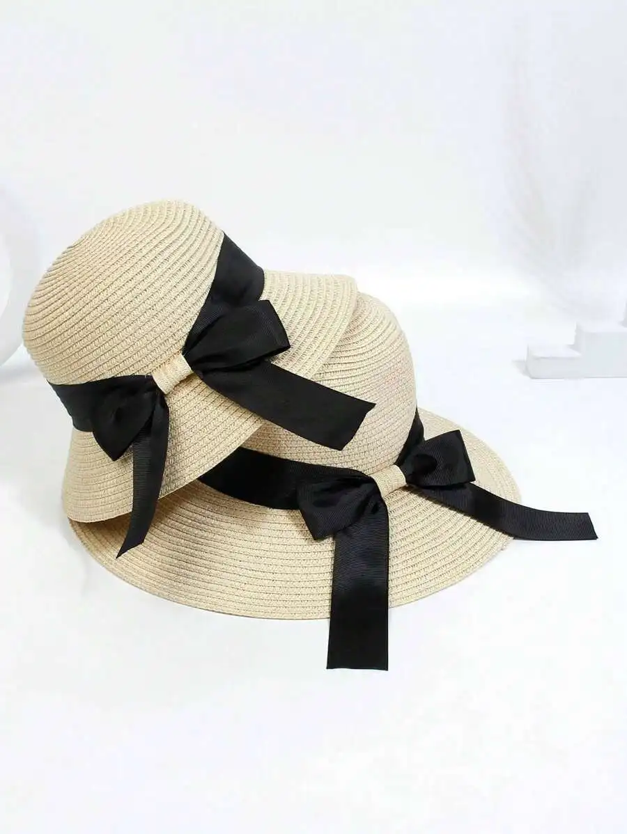 2pcs Set Women Wide Brim Straw Hat With Black Bow Decor Summer Beach Sun Hat