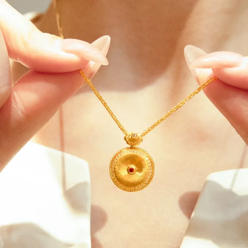 

9999 24K real gold Ping An Ruyi Ruby Necklace Pendant Ancient Method Carved Wire Inlay Zircon Fuman Heirloom Necklace Jewelry