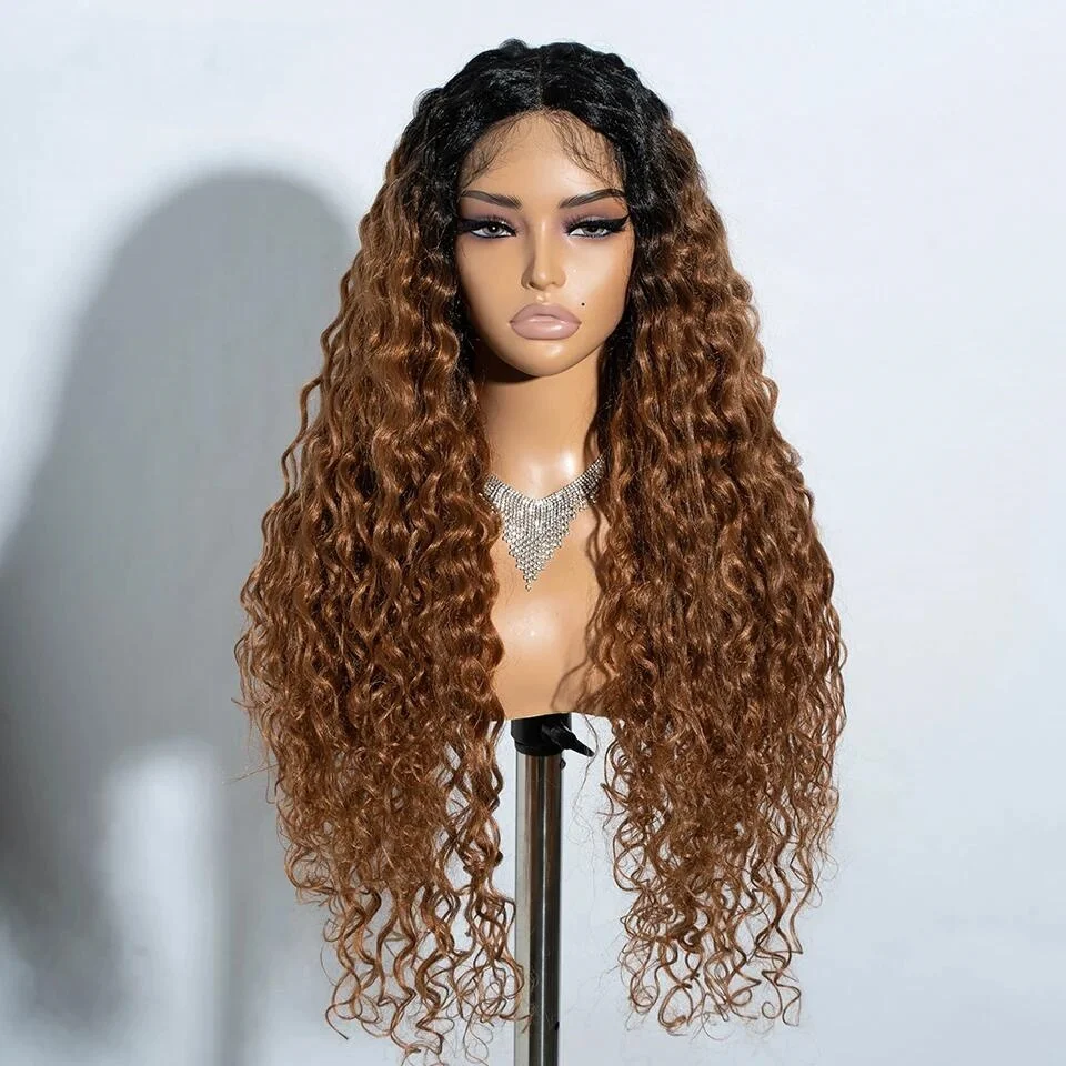 

Soft 180%Density Long Kinky Curly Ombre Brown Preplucked 26Inch Deep Long Lace Front Wig For Women With Baby Hair Glueless Daily