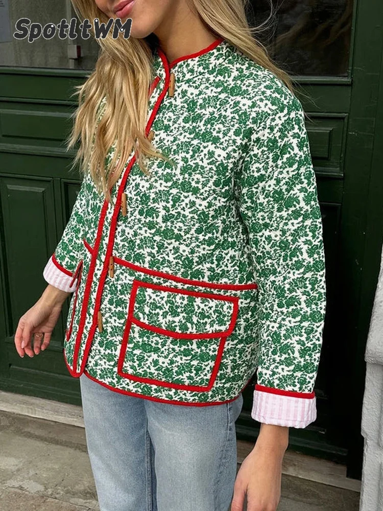 Women's Green Floral Quilted Jacket Red Trim Stand Collar Toggle Button Loose Cropped Padded Coat Vintage Cottagecore Outerwear