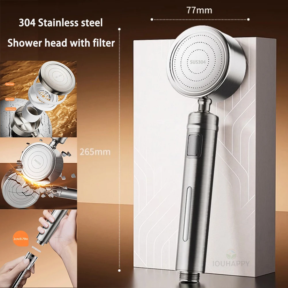 Upgraded Shower Head With Filter 304 Stainless Steel High Pressure Shower Head with One-touch Stop Button Bathroom Accessories