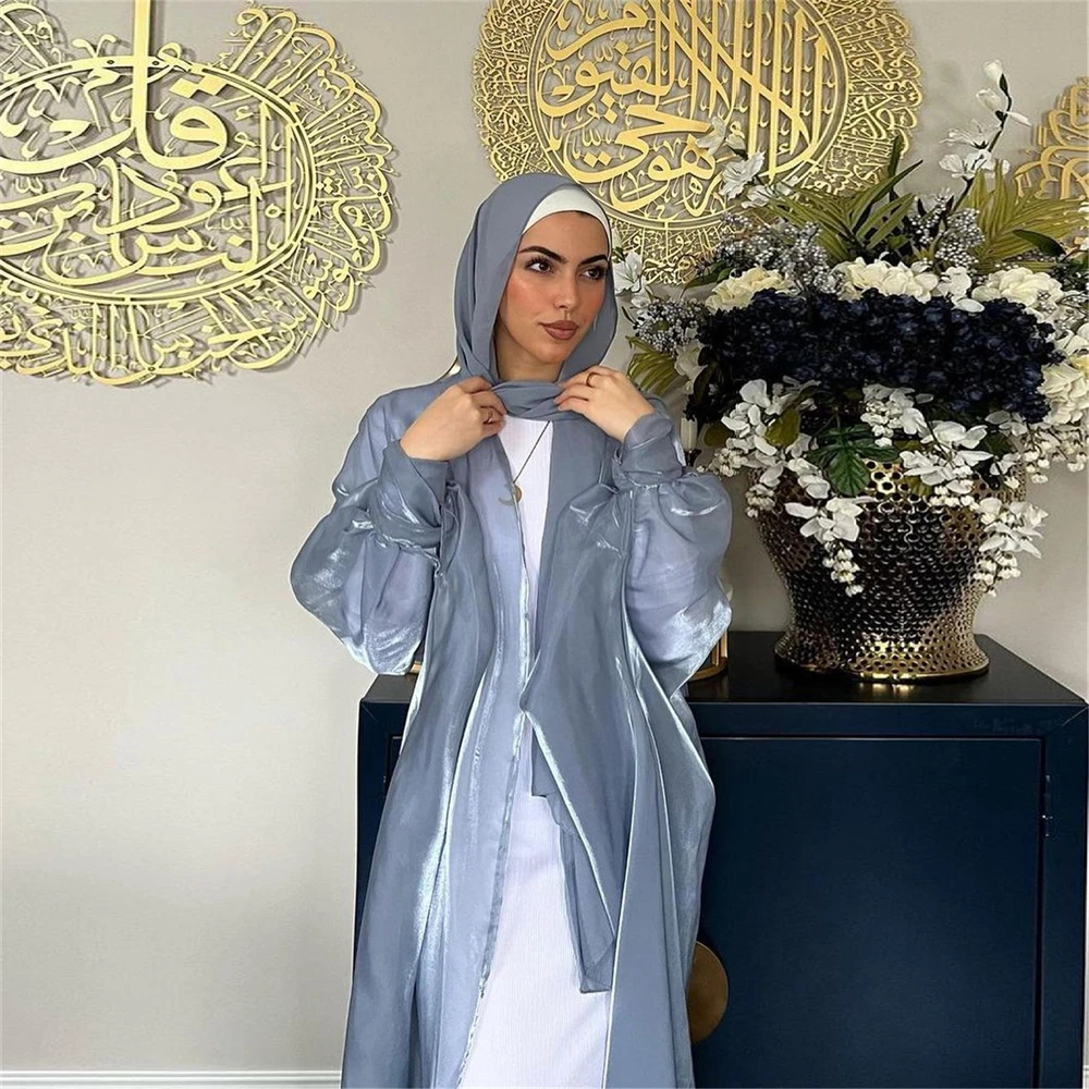 

Eid Ramadan Shiny Satin Open Abaya Dubai Turkey Kaftan Women Muslim Dress Kimono Cardigan Islam Robe Party Gown Jalabiya Kebaya