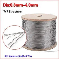 Diameter 0.3mm-4.0mm 304 Stainless Steel Wire Rope Soft Cable Fishing Clothesline Lifting Rustproof Line 7x7 Structure