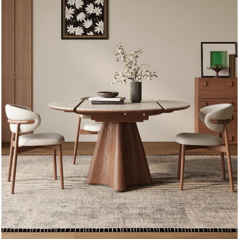 

Travertine rock slab solid wood retractable dining table, round medium and ancient style household small apartment variable