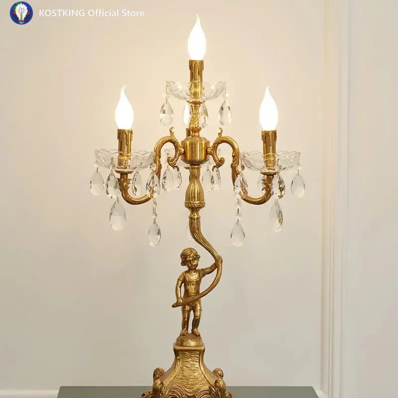 Baroque Style Copper Angel Table Light For Parlor Foyer Deco Led Candle Holder Wedding Classical Crystal Candlestick Desk Lamp