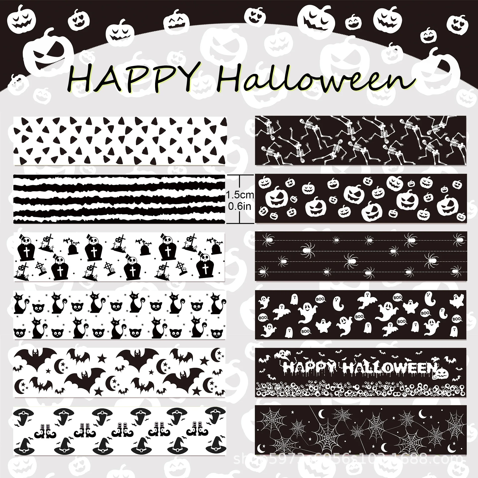 Preto e branco Halloween Bat Transparente Rolo Adesivo e Fita de Papel, Material DIY Handbook, Fitas Washi, Decoração