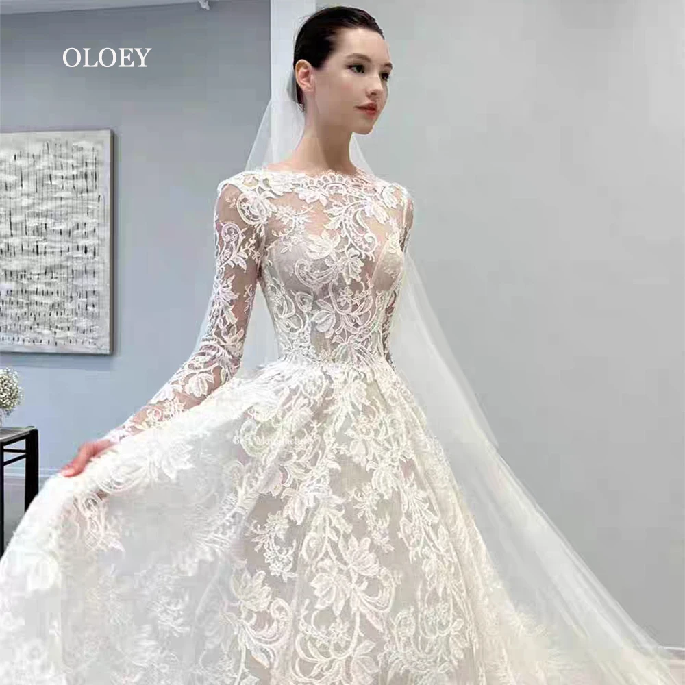 OLOEY-Bordado Renda Marfim Vestidos De Casamento Para Mulheres, Longo Vestido De Noiva, Linha A, Até O Chão, Trem De Varredura, Mangas Compridas, Vestido De Noiva Personalizado