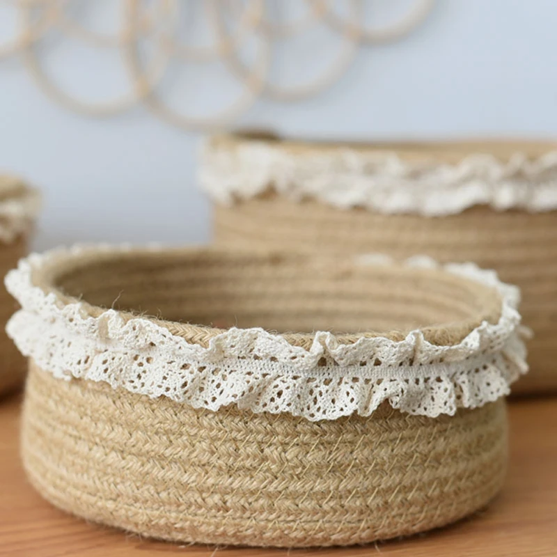 Small Round Cotton Rope Woven Storage Basket with Lace Decor Nesting Bins for Home Organizing Wedding Flower Basket